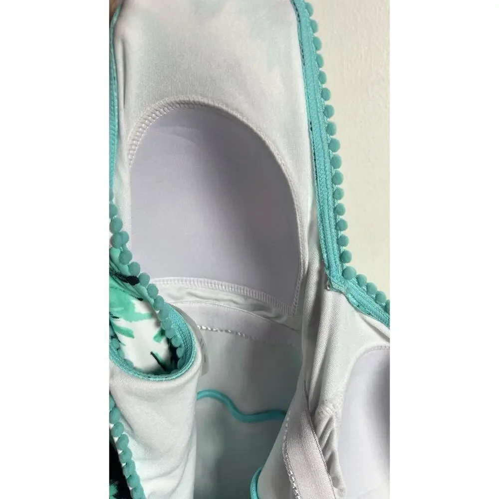 Nicole Miller Women’s Teal Pompom‎ One Piece Size 8 Ruffle Swimsuit NWOT